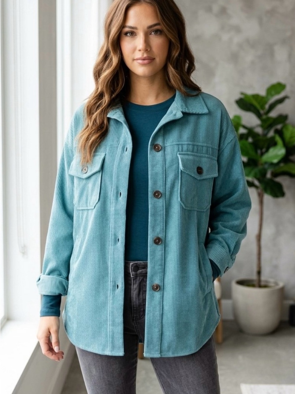Teal Corduroy Button-Front Shacket - Women's Jacket Women’s Size M